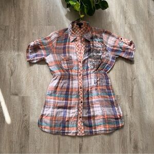 Vintage y2k Orange Plaid Button Down Peplum Top with Grunge Vibe Bling